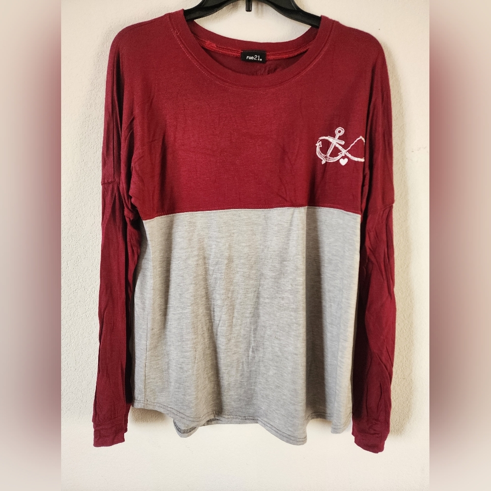 Y2K Rue 21 Burgandy and Gray Long Sleeve Shirt with Anchor Design Size Medium